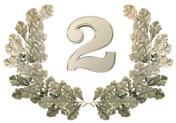 Number two in a silver wreath of oak leaves