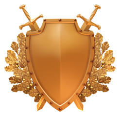 Golden shield with swords and wreath of oak branches