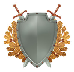 Shield with crossed swords and a golden oak wreath