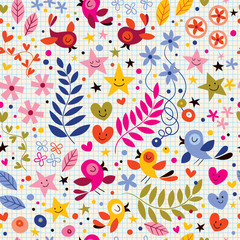 cute birds, flowers, stars and hearts pattern