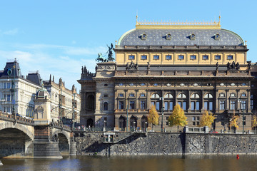 Fototapeta na wymiar Colorful autumn Prague National Theatre, Czech Republic
