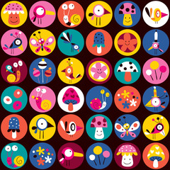 Naklejka premium flowers, birds, mushrooms & snails pattern