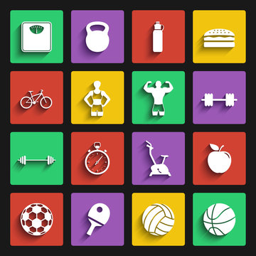 fitness sport and health flat design icons set