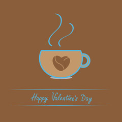 Teacup with coffee seeds heart. Happy Valentines Day card.