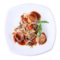 pork in bacon with oyster mushrooms