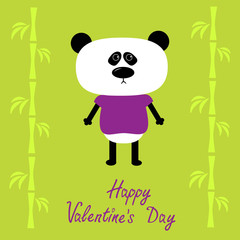 Cartoon panda boy and bamboo. Happy Valentines Day card.