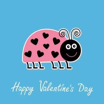 Cute cartoon pink lady bug with dots in shape of heart. Happy Va