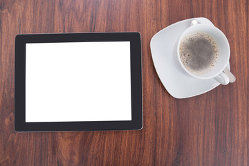 Fototapeta na wymiar Digital Tablet Document And Coffee On Table