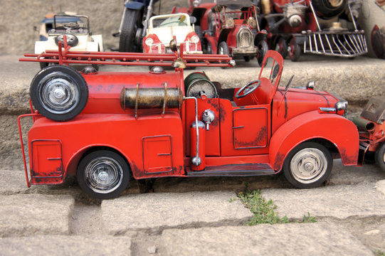 Red toy vintage metal car firetruck