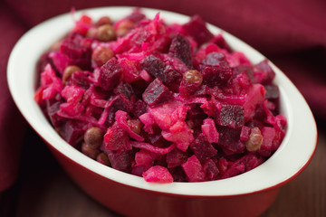 Russian traditional beetroot salad, close-up