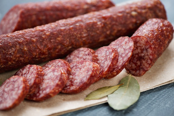 Close-up of italian salami, horizontal shot