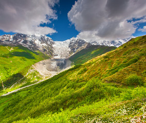 Alpine meadows at the foot of Tetnuldi glacier