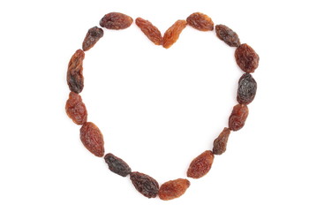 Heart of raisins isolated on white background
