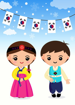 Korean traditional costume Boys and girls, cartoon, asian