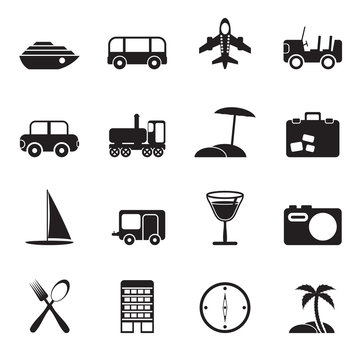 Silhouette Travel, transportation, tourism and holiday icons