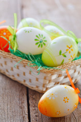 easter basket on wooden board