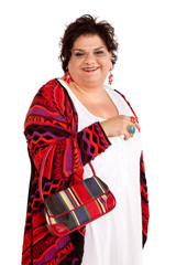 portrait of cheerful woman with her bag