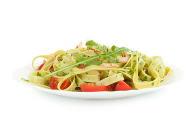 Pasta tagliatelle with shrimp and tomatoes