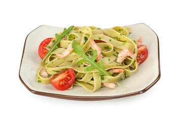 Pasta tagliatelle with shrimp and tomato