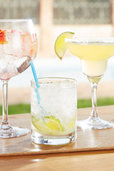 Caipirinha, strawberry gin and tonic and margarita cocktails by