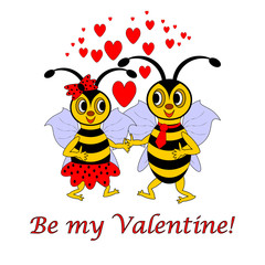 Two funny cartoon bees with hearts