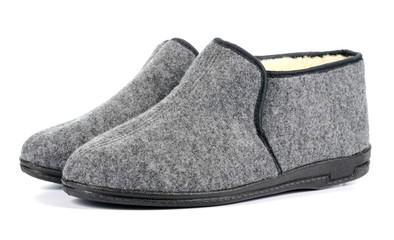 Pair of men's grey slippers on white background.