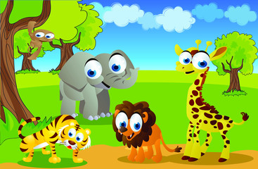safari animals cartoon in jungle