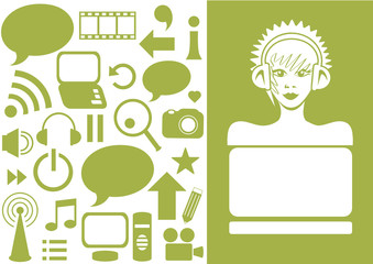 girl with headphones behind laptop on green background