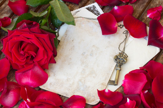 vintage background with rose petals  and key