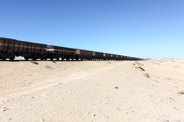 Fototapeta na wymiar Długi pociąg towarowy iść na pustynię