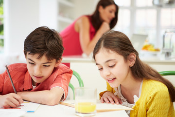 Obraz na płótnie Canvas Children Doing Homework As Mother uses Laptop In Background