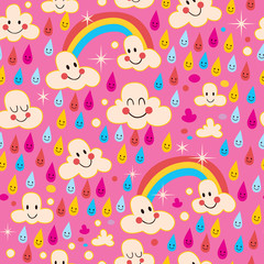 clouds, rainbows, rain drops pattern