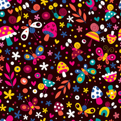 Fototapeta premium flowers, butterflies, mushrooms & snails pattern