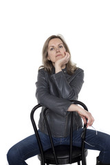 Fototapeta premium Blonde Woman with Beautiful Blue Eyes on White Background