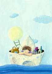 Little boy sailing in a paper boat