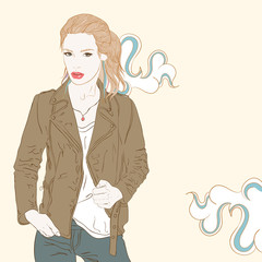 Fashion girl in leather jacket. Vector illustration.