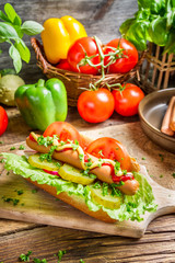 Closeup of hot dog made with fresh ingredients
