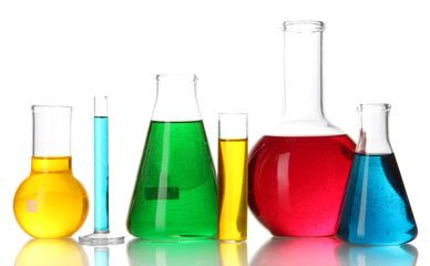 Test tubes with colorful liquids isolated on white
