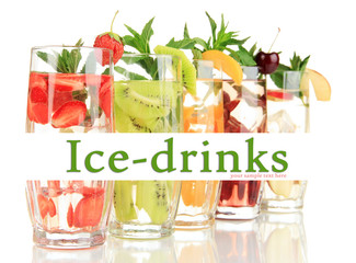 Glasses of fruit drinks with ice cubes isolated on white