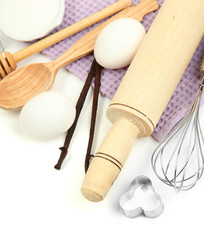 Cooking concept. Basic baking ingredients and kitchen tools