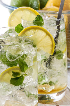 Closeup of cold lemon drink with mint