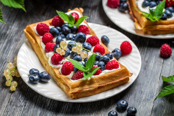 Closeup of waffles with fresh berry fruit