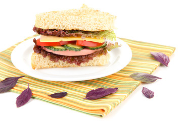 Fresh and tasty sandwich on plate isolated on white