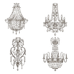 set of four chandelier drawings sketch style - obrazy, fototapety, plakaty