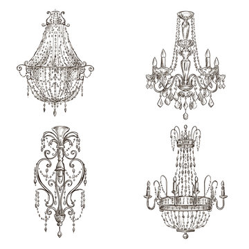 set of four chandelier drawings sketch style