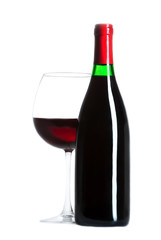 Wine bottle and a glass filled with wine isolated on white