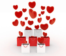 hearts falling into gift bags. 3d render illustration on white