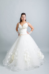 Fototapeta na wymiar girl in a white wedding dress hands on belt