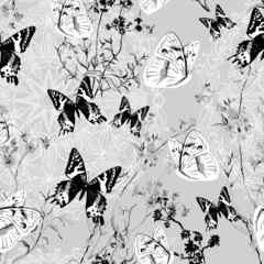 Naklejki  Seamless floral background with butterflies