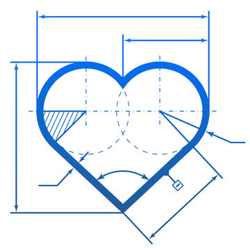 Heart symbol with dimension lines for blueprint